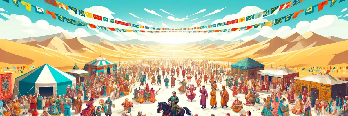 Here is the wide rectangular image designed for the homepage of a website about Kazakh ethnography and folk art. It features a vibrant scene of a traditional Kazakh festival with folk activities and a scenic background.